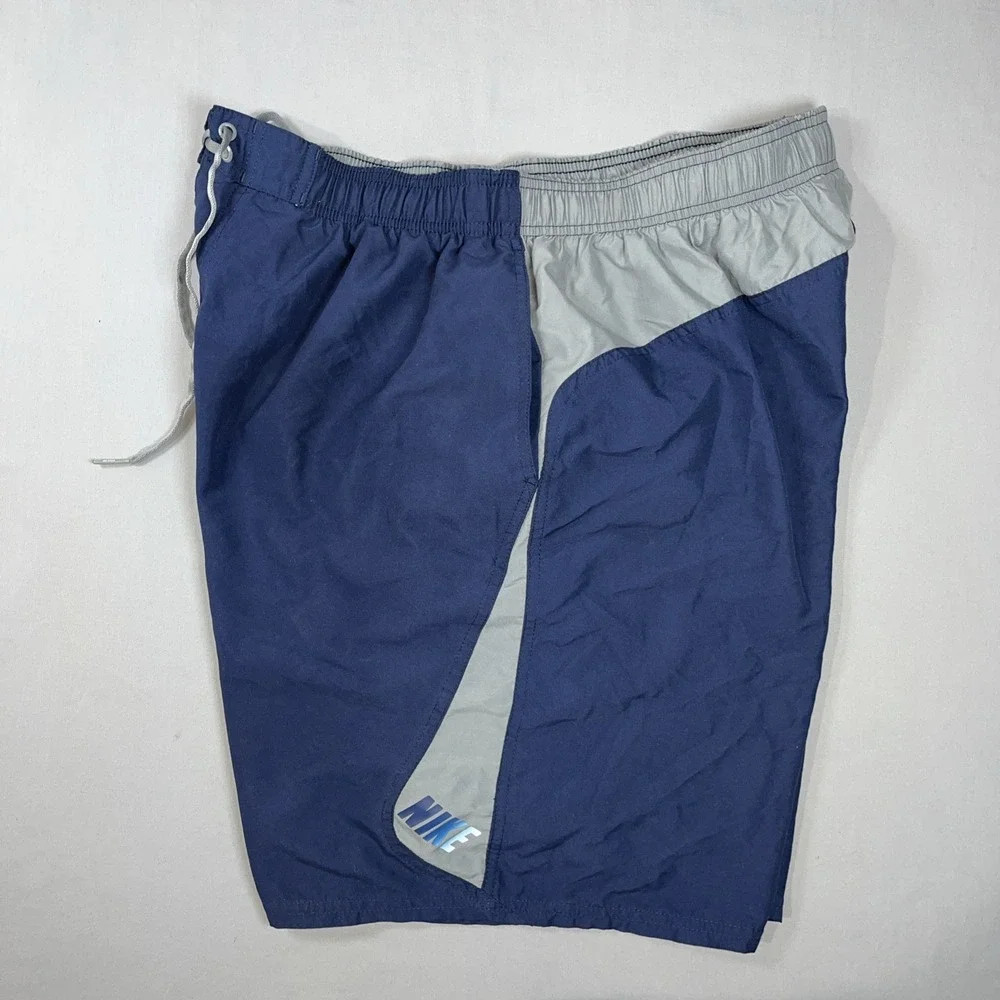 Vintage Nike Swim Shorts Mens 2XL Blue Gray Spell Out Logo Athletic Trunks Y2K